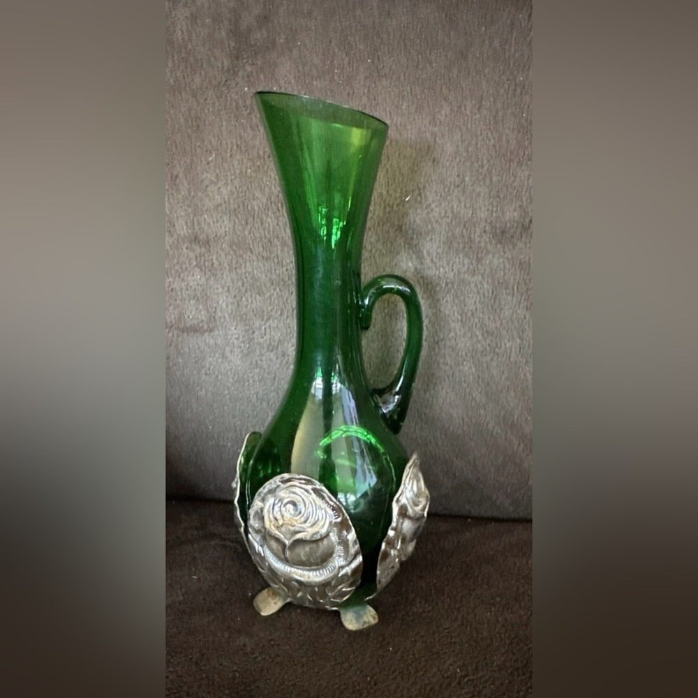 Elegant Green Glass Vase with Silver Accents
